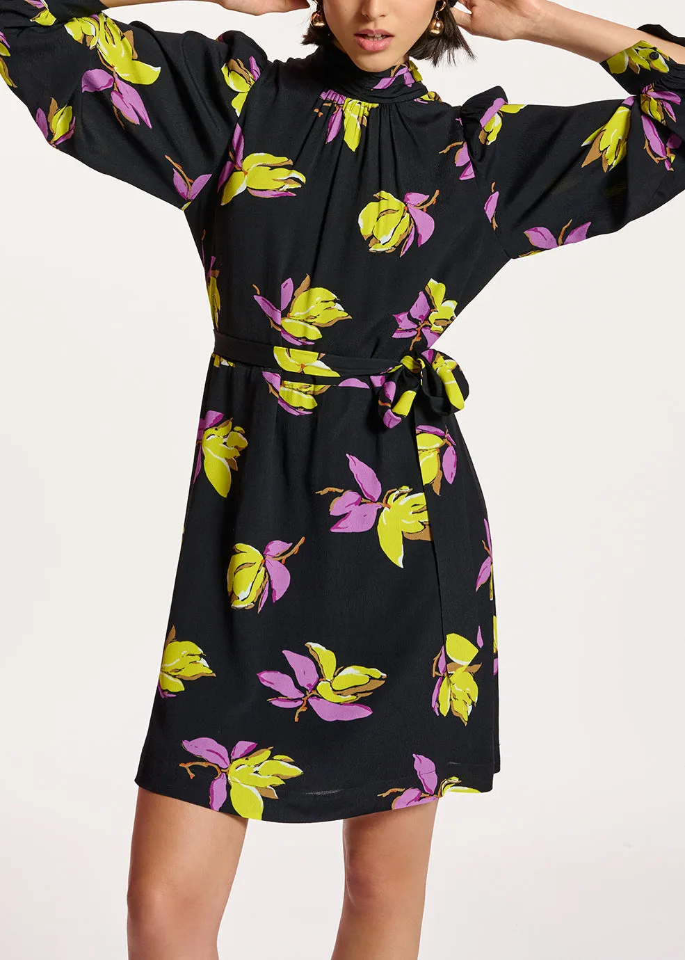 Black floral-printed mini dress