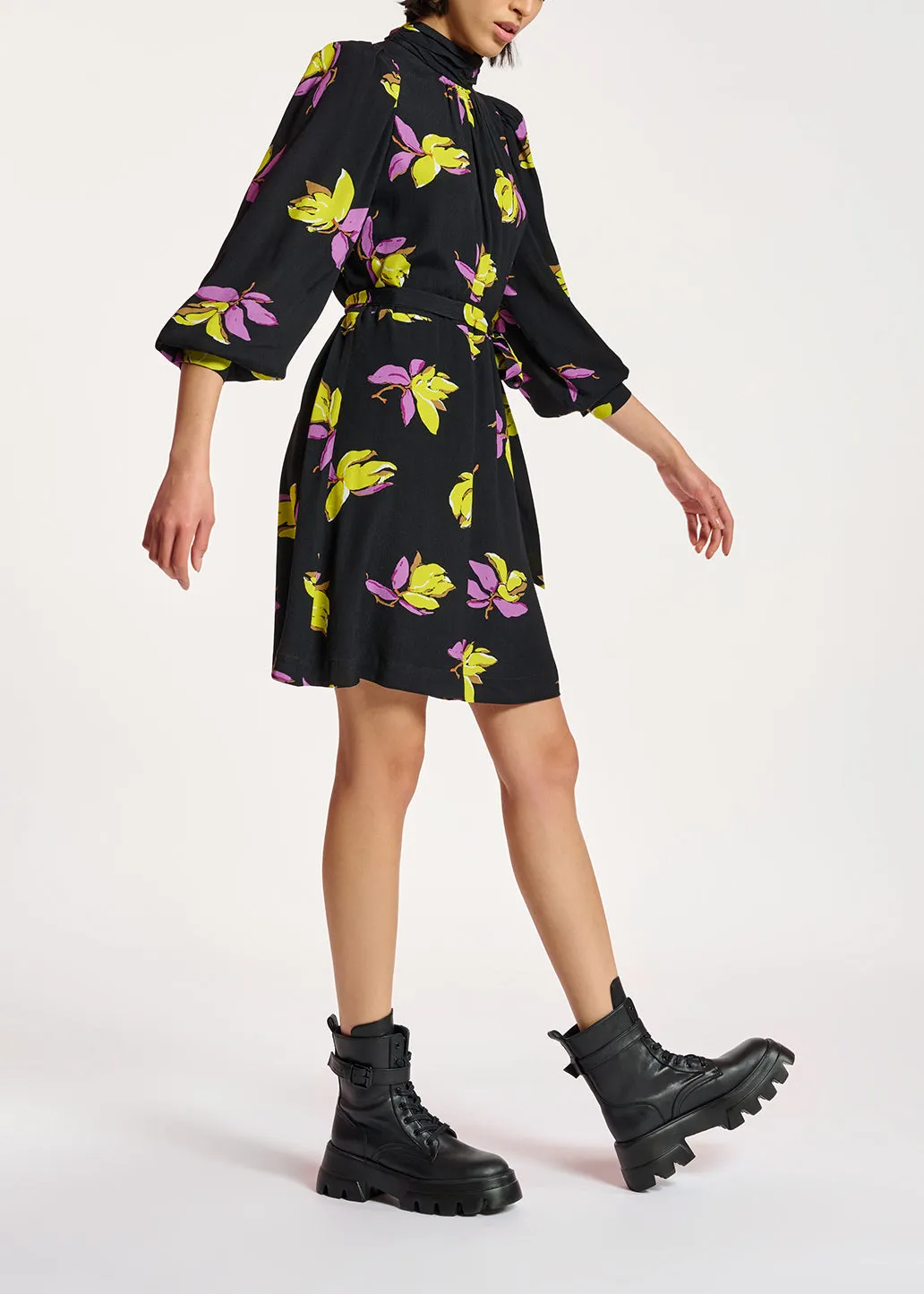 Black floral-printed mini dress