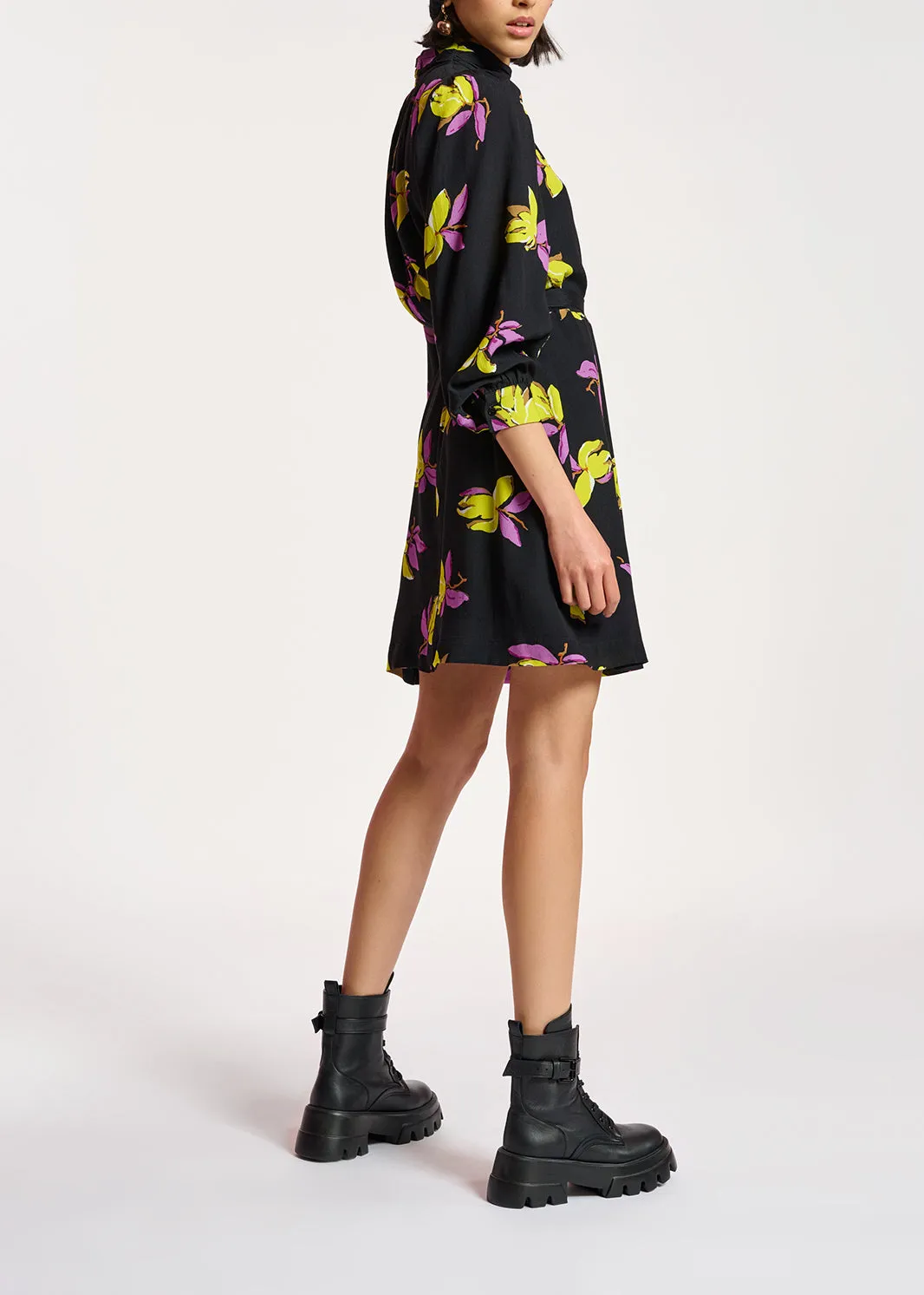 Black floral-printed mini dress