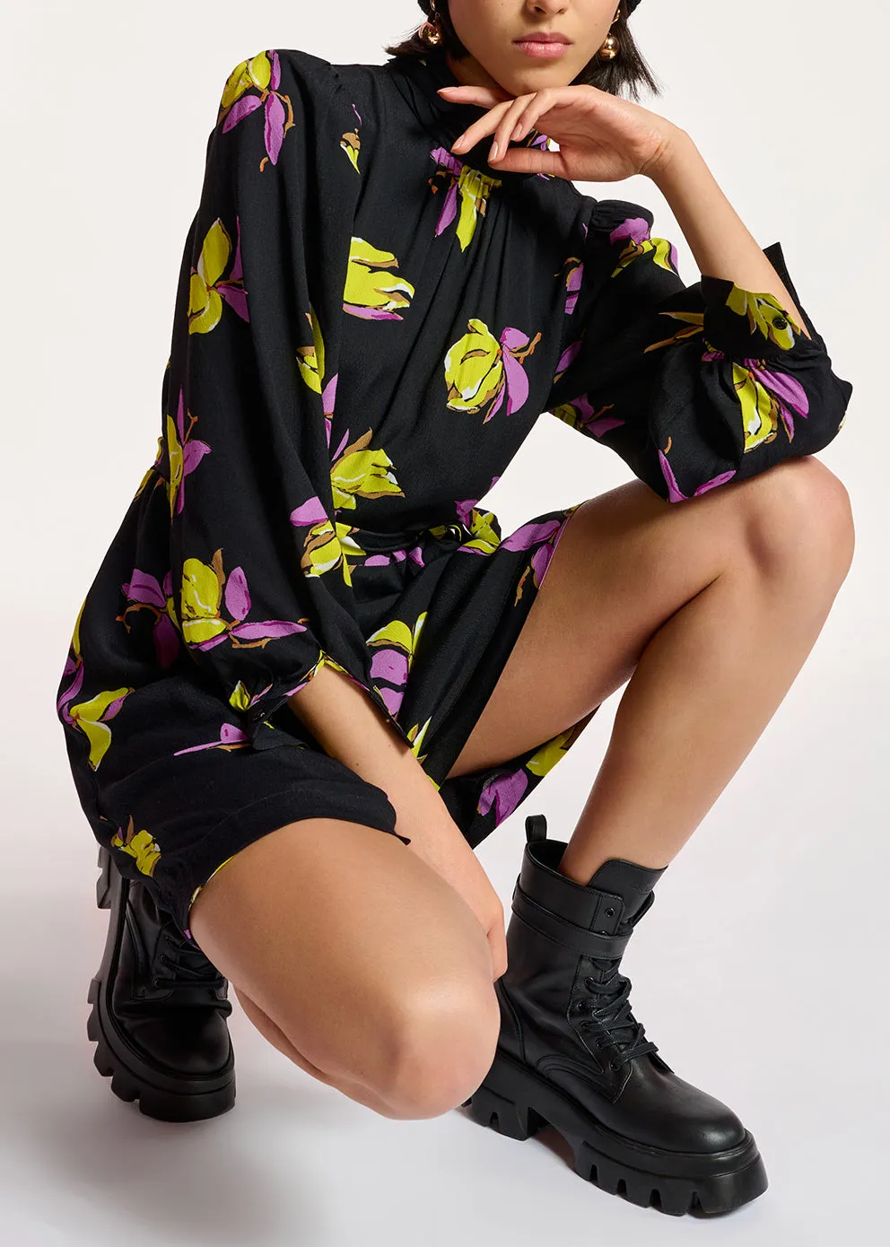 Black floral-printed mini dress