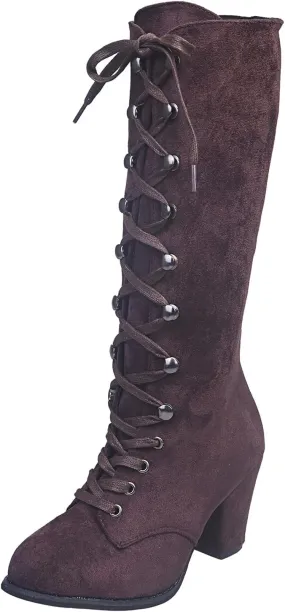 Boots For Women Retro Vintage Lace-Up Thigh High Boots Suede Low Chunky Heels Knee High Long Boots