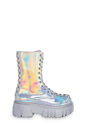 Celestial Candy Holographic Corset Boots - Silver