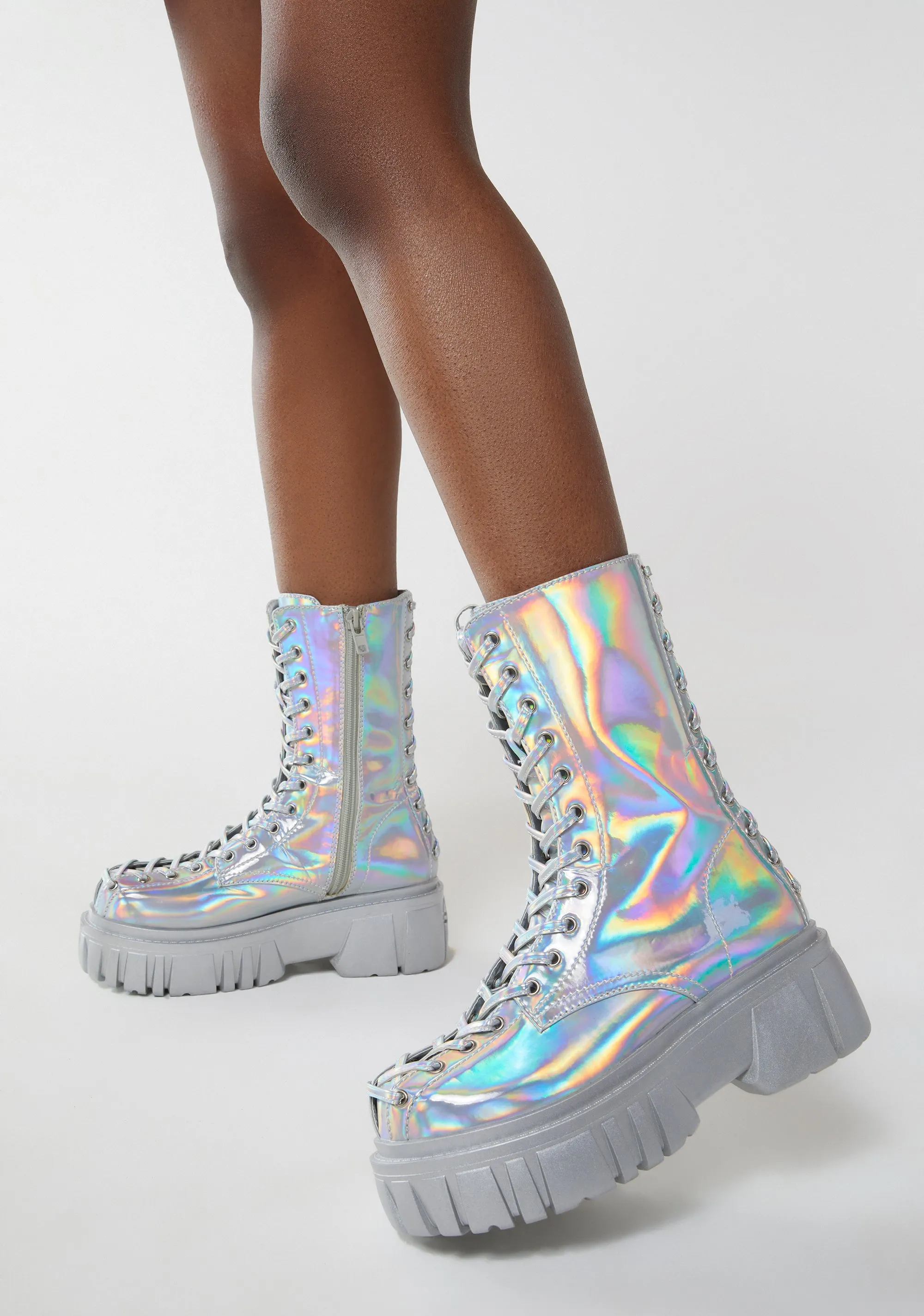 Celestial Candy Holographic Corset Boots - Silver
