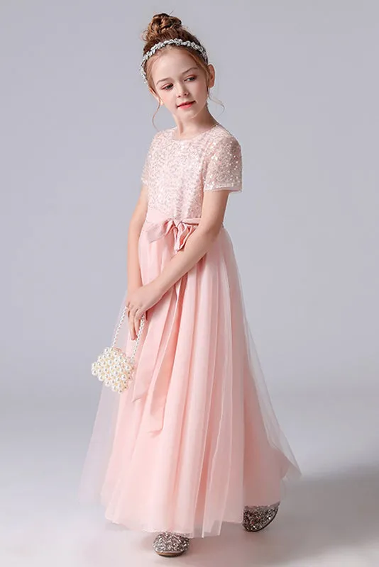 Cute Pink Tulle Sequins Flower Girl Dress With Belt