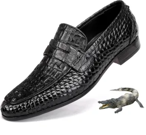 Formal Mens Leather Dress Shoes, Classic Ostrich Pattern Slip On Buckle Loafers Business Shoes Party Wedding Leather Loafers for Mens, Black