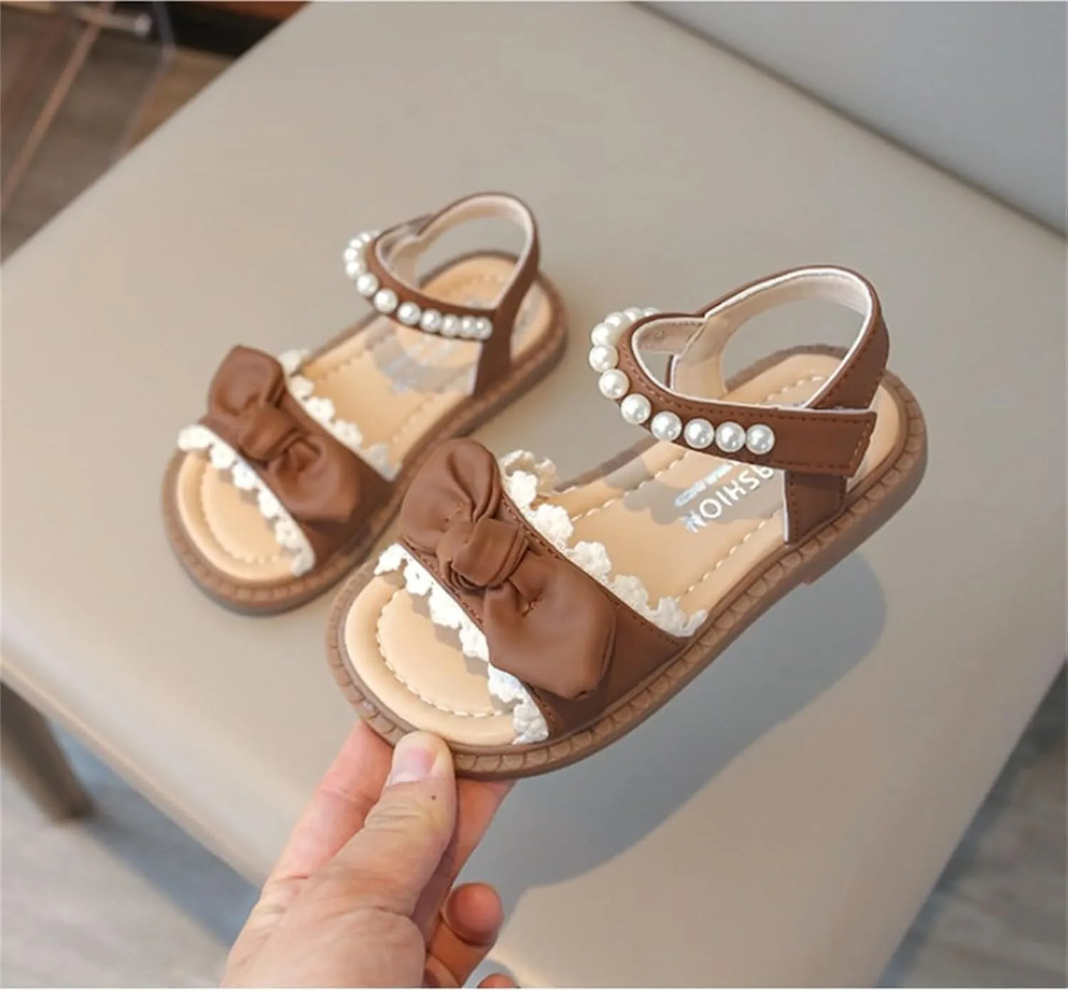 Girls Flat Sandals Comfort Adjustable Pearl Strap Slip on Leather Footbed Sandals for Toddler Kids Summer Bow Shoes