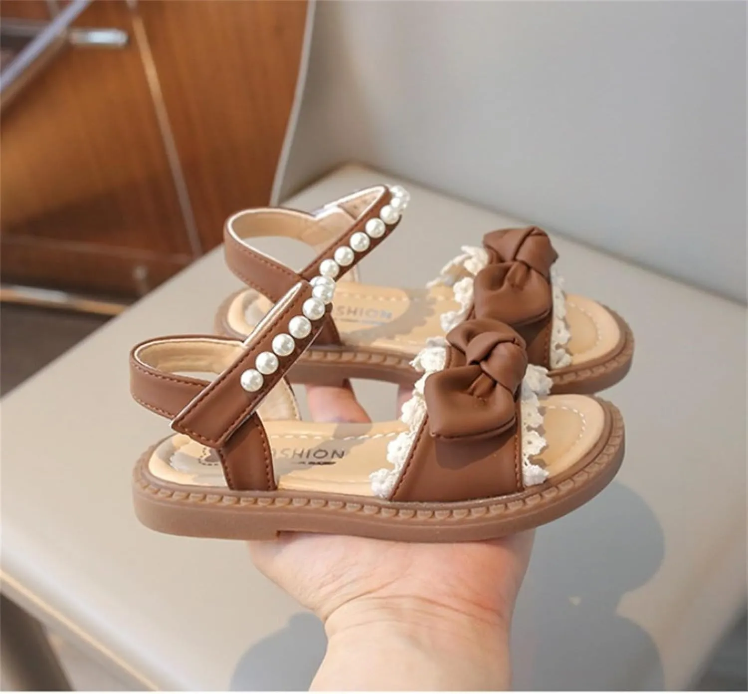 Girls Flat Sandals Comfort Adjustable Pearl Strap Slip on Leather Footbed Sandals for Toddler Kids Summer Bow Shoes