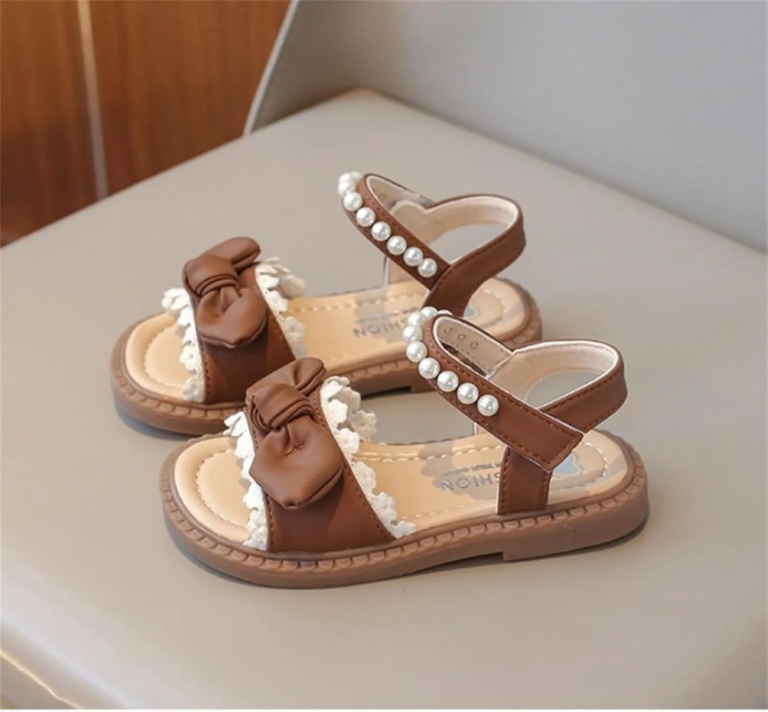 Girls Flat Sandals Comfort Adjustable Pearl Strap Slip on Leather Footbed Sandals for Toddler Kids Summer Bow Shoes