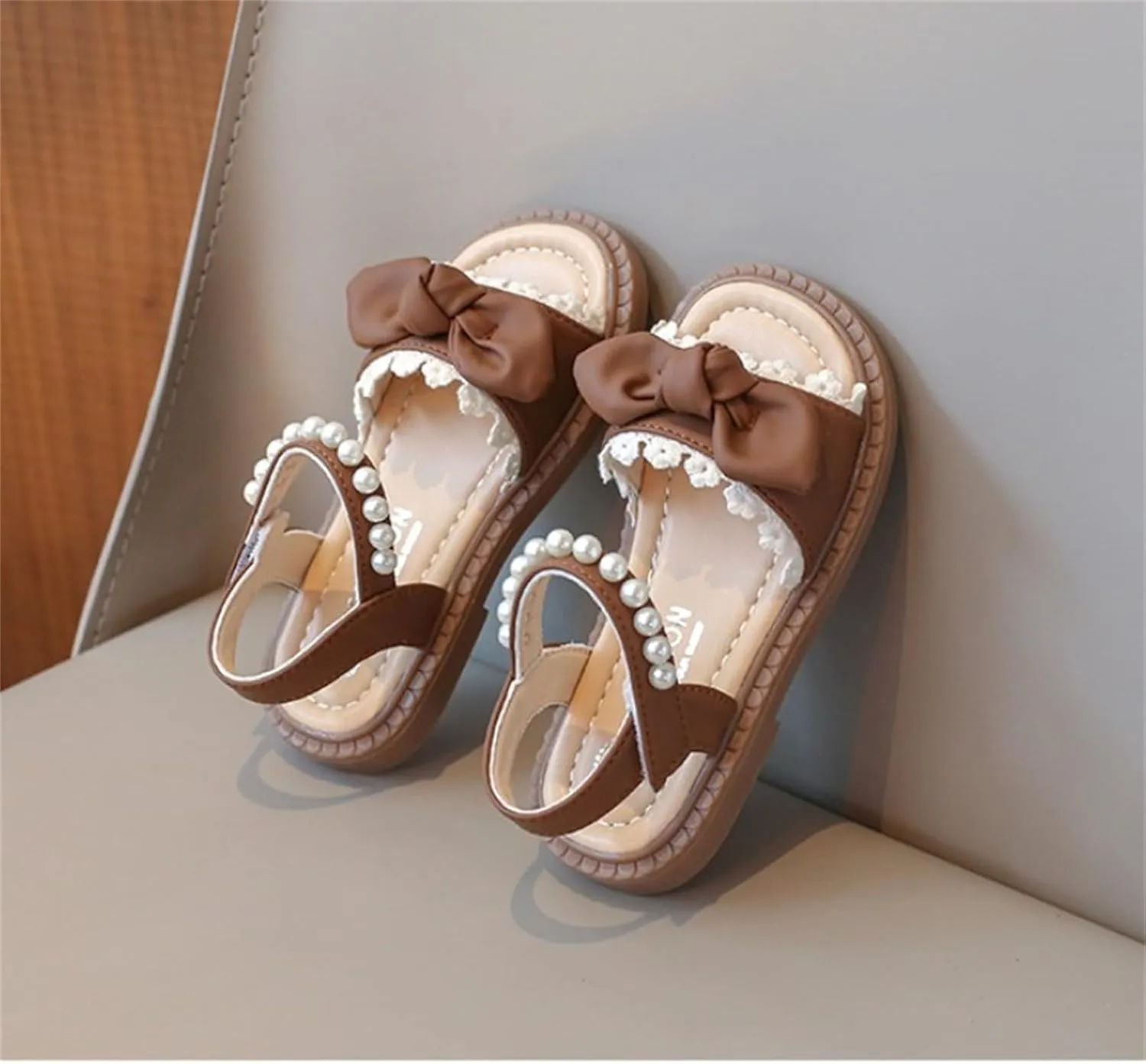 Girls Flat Sandals Comfort Adjustable Pearl Strap Slip on Leather Footbed Sandals for Toddler Kids Summer Bow Shoes