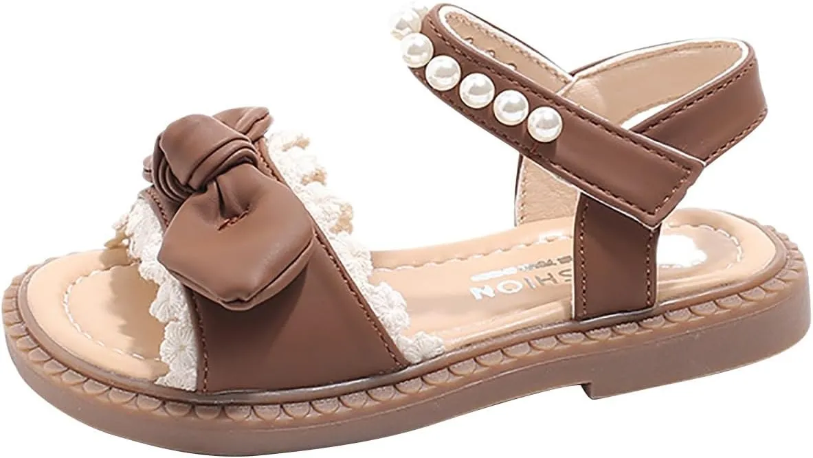 Girls Flat Sandals Comfort Adjustable Pearl Strap Slip on Leather Footbed Sandals for Toddler Kids Summer Bow Shoes