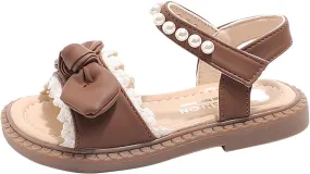 Girls Flat Sandals Comfort Adjustable Pearl Strap Slip on Leather Footbed Sandals for Toddler Kids Summer Bow Shoes