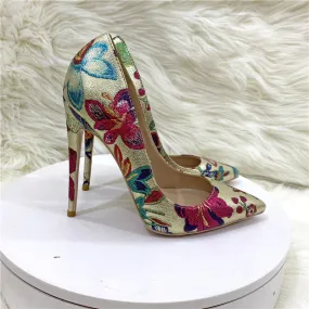 Gold Floral Print Pointed Toe Stiletto Pumps