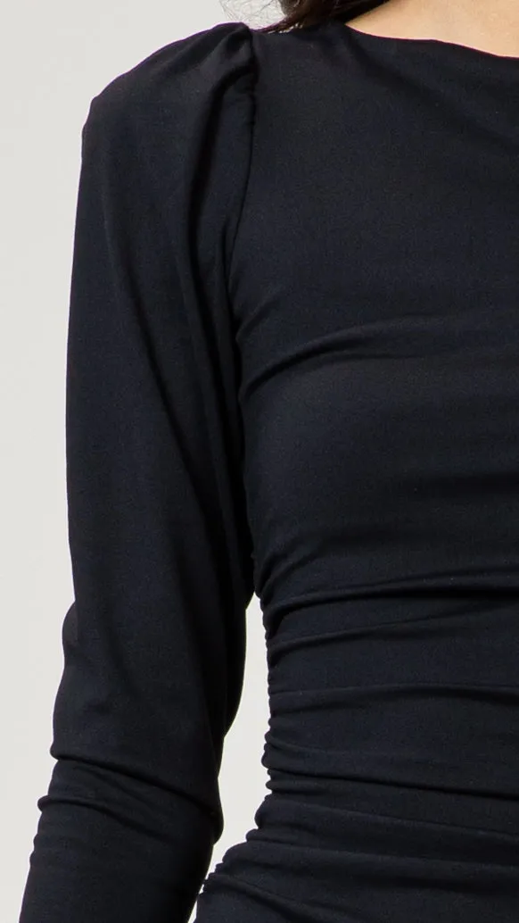 Long Puff Sleeve Ruched Dress - Black