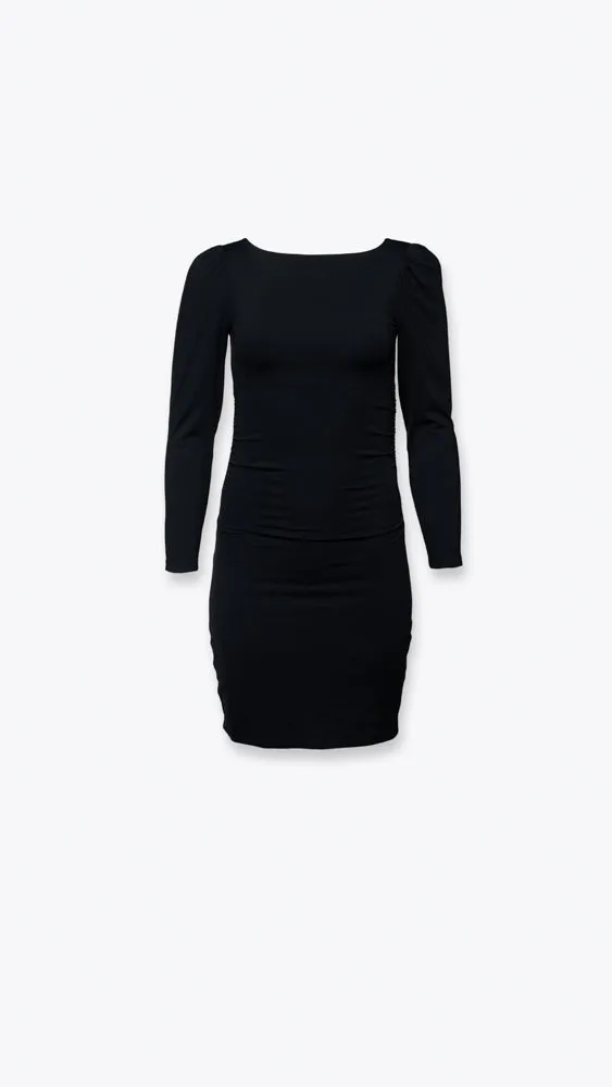 Long Puff Sleeve Ruched Dress - Black