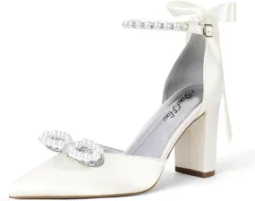 ShowHow Women's Pearl Wedding Shoes for Bride Closed Toe Heels Chunky Block Dress Heels Pointed Toe Rhinestone Pearl Ankle Strap Heels for Bridesmaid Prom Wedding Party Work