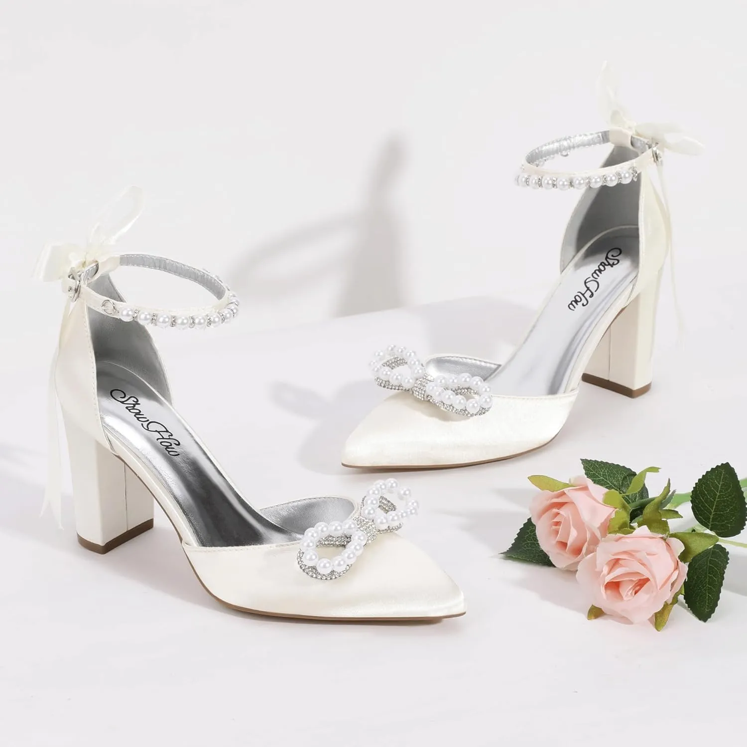 ShowHow Women's Pearl Wedding Shoes for Bride Closed Toe Heels Chunky Block Dress Heels Pointed Toe Rhinestone Pearl Ankle Strap Heels for Bridesmaid Prom Wedding Party Work