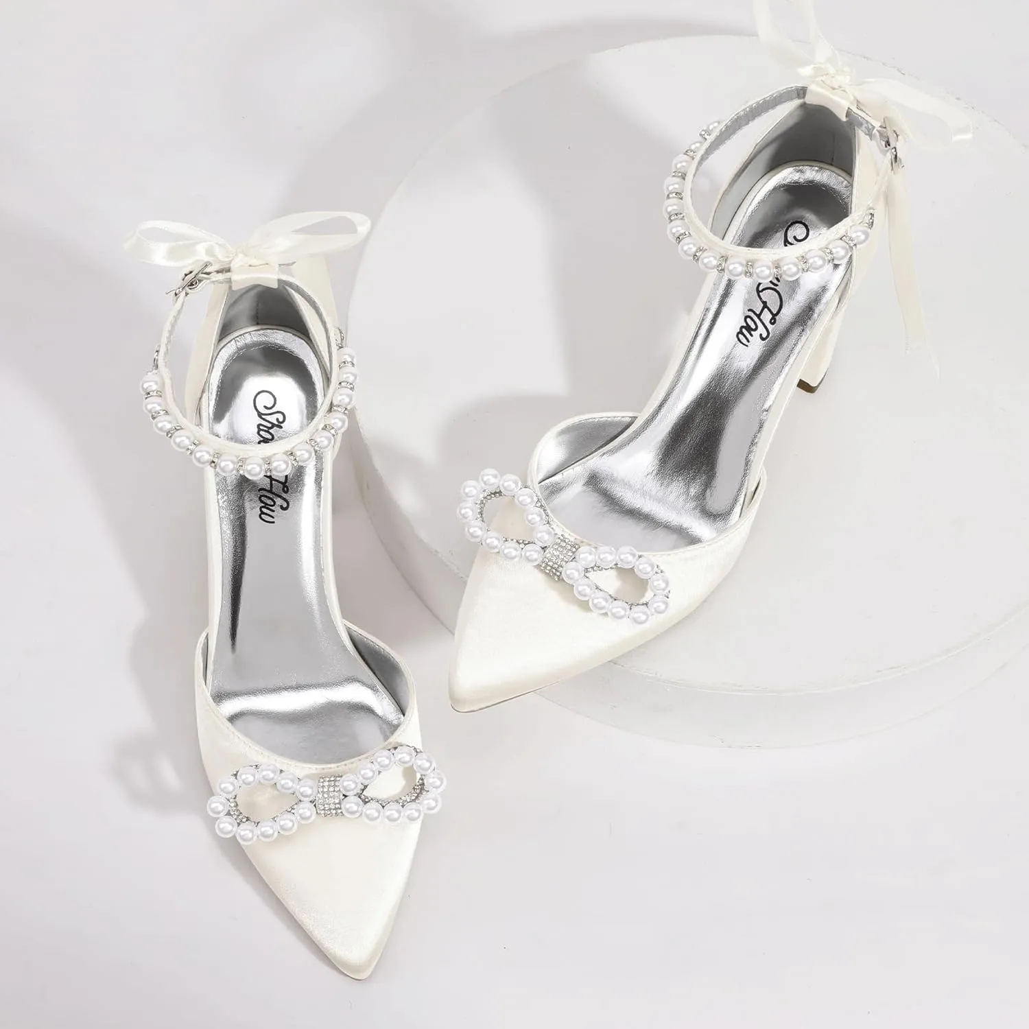 ShowHow Women's Pearl Wedding Shoes for Bride Closed Toe Heels Chunky Block Dress Heels Pointed Toe Rhinestone Pearl Ankle Strap Heels for Bridesmaid Prom Wedding Party Work