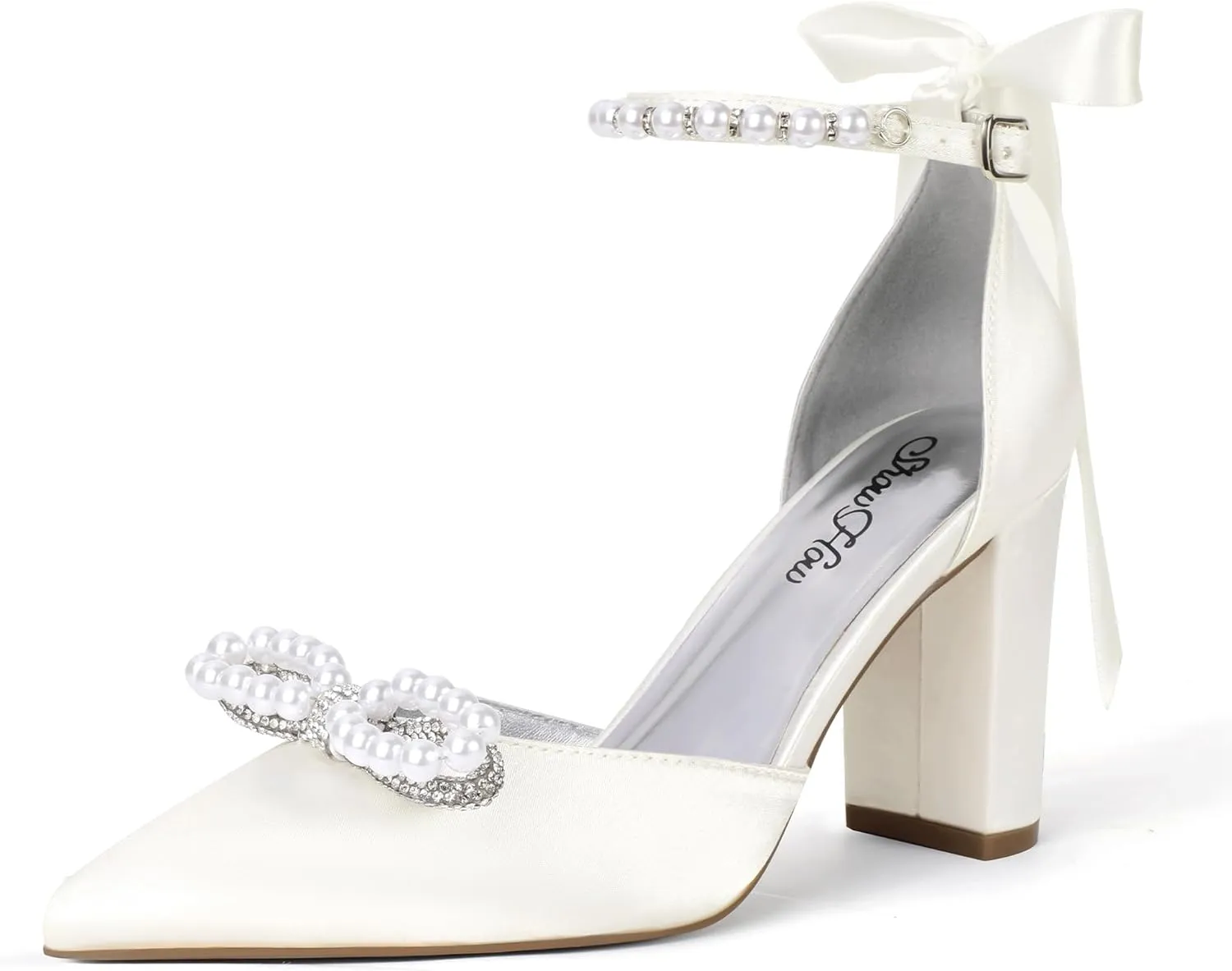 ShowHow Women's Pearl Wedding Shoes for Bride Closed Toe Heels Chunky Block Dress Heels Pointed Toe Rhinestone Pearl Ankle Strap Heels for Bridesmaid Prom Wedding Party Work
